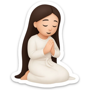 Change the dress to white robes, keep the woman kneeling and praying, long dark brown hair, in emoji style. Remove the background. sticker