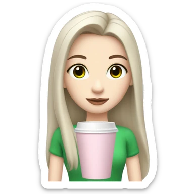 girl with pale skin, very long dark black hair and green eyes and light pink outfit drinking a latte sticker