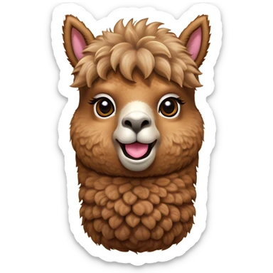 Cinematic Comical Brown Alpaca Portrait Emoji, Head tilted dramatically with an exaggeratedly amused expression, featuring a striking, plush brown fleece with playful texture, wide, expressive warm eyes filled with playful disbelief, Simplified yet hilariously expressive features, highly detailed, glowing with a slightly sassy glow, high shine, dramatic yet playful, stylized with an air of cheeky mischief, bright and endearing, soft glowing outline, capturing the essence of a spirited and over-the-top alpaca, so meme-worthy it feels like it could side-eye its way into internet fame instantly! sticker