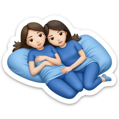 two white brunette women lying down full body on top of each other wrapped around each other one wearing a blue shirt they should be melting into each other. ONLY two women not three sticker