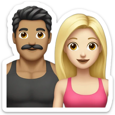 A guy with white skin, black hair, and a mustache with a blonde girl going to the gym sticker