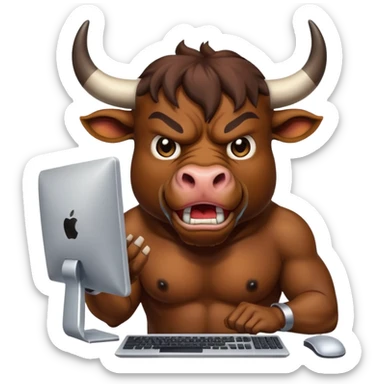 un toro arrabbiato seduto davanti al pc che impreca sticker