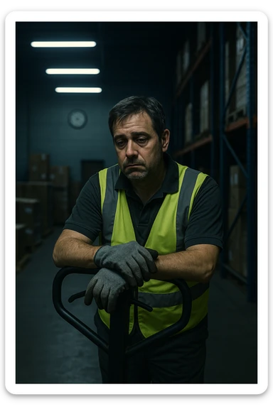a tired warehouse worker in his 40s, wearing a reflective vest and work gloves, stands under harsh fluorescent lights in a large, dimly lit warehouse. He leans on a pallet jack, eyes heavy with fatigue and dark circles under them. Stacks of boxes and shelves loom in the background, and a wall clock shows it’s the middle of the night. The mood is somber and empathetic. sticker