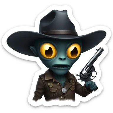 a dark hued alien holding a gun wearing a cowboyhat sticker