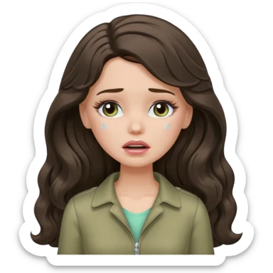 A white Barbie girl with long dark brown wavy hair in pale olive clothes crying sticker
