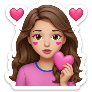 girl with long wavy brown hair, brown eyes, light to medium complexion, in a pink shirt, pink lips, long lashes, puckering lips kissing, blushing with hearts sticker