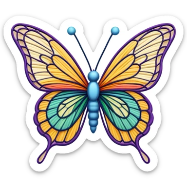 String art icon, colorful butterfly made with threads, wings formed by intricate thread patterns, body of the butterfly with visible thread ball structure, minimalistic style, clean lines, transparent background. sticker