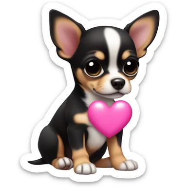 black & tan chihuahua puppy with a pink heart sticker