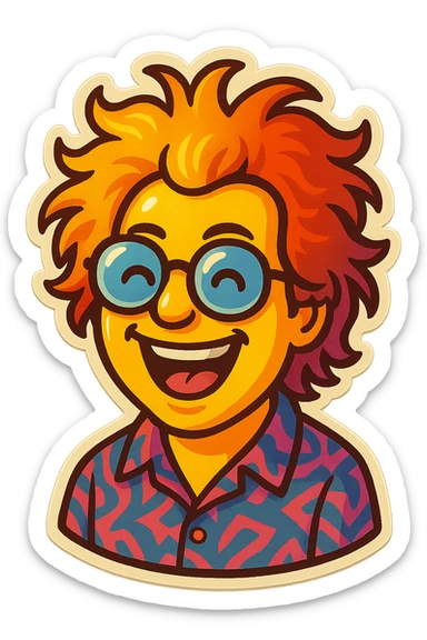 Create an emoji based on this person's appearance, focusing on the wild hair, glasses, and patterned shirt. Use a fun, expressive style suitable for emoji, in a retro stickers style. sticker