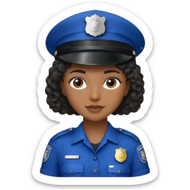 A female police officer with medium-dark skin tone, wearing a dark blue police cap with a silver badge in the center, short curly black hair showing from under the cap, large brown eyes, and a slight smile. sticker