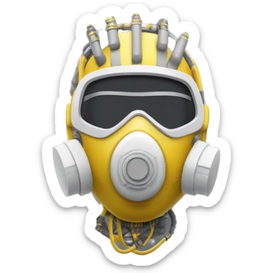 Dark yellow Mohawk female cyborg head with white respirator mask and circuits sticker