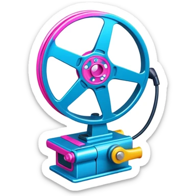 Bright, colorful icon symbolizing Animation and Motion Design with a transparent background. Include a dynamic motion effect, such as a spinning film reel or a stylized character in motion. Use vibrant colors like neon blue, pink, and yellow, with a modern, techy feel.  sticker
