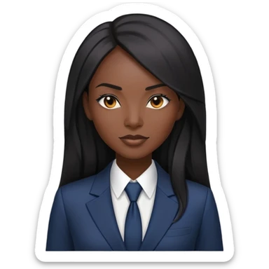 Confident African businesswoman with straight long black hair, sleek professional look, wearing power suit sticker