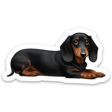 a puppminiature black long haired dachshund lying tummy up with his tongue out sticker