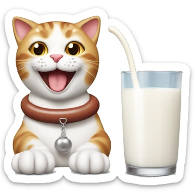 happy cat with sausage and glass of milk sticker