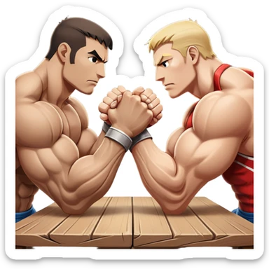 Two powerful arms locked in an intense arm wrestling competition. One arm is strong and steady, while the other strains to push back. The background shows a simple table with a focus on the clash of strength and determination. Transparent background. sticker