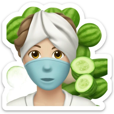 White girl with Brown hair and blue eyes wears a Green colored clay mask and puts on cucumbers around her eyes while She relaxes in her white Robe sticker