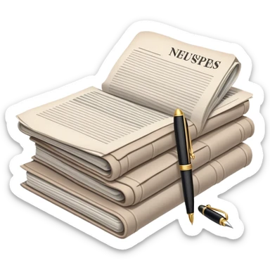 Create an emoji representing journalism and publicistic writing. The design should feature a stack of newspapers as the base, with an open working notebook placed on top of them. A single fountain pen should rest on the very top of the notebook, symbolizing the act of writing. Use neutral, professional colors like black, white, and muted tones to convey a sense of seriousness and intellect. Do not include any emojis or smiley faces. Make the background transparent. sticker
