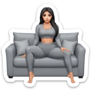 hyper-realistic kim kardashian in gray yoga pants on couch comfy sticker