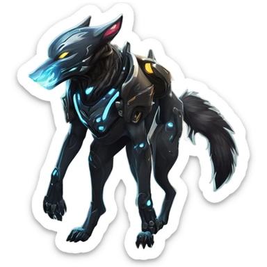 Warframe-inspired wolf Warframe with sleek biomechanical armor, a snarling wolf-like helmet, glowing eyes, and clawed gauntlets. Dark metallic colors with glowing energy lines, blending feral agility and deadly stealth. sticker