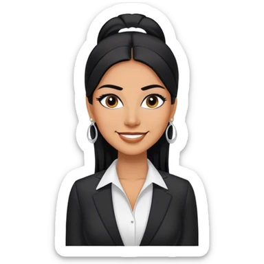 beautiful fit tall woman boss, with long straight black hair, with make up, black eye liner, smile, mexican, brown skin, wearing beautiful profesional outfit and white earings sticker