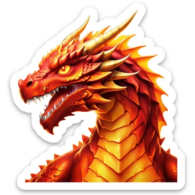 Cinematic Noble Fierce Fire Dragon Portrait Emoji, Poised and imposing, with a muscular, scaled body ablaze in fiery hues of crimson, molten orange, and molten gold, and intense, burning eyes that mirror the heart of a volcano; rendered with lifelike texture and dynamic natural highlights, high shine, formidable and intense, styled with an aura of scorching mythic power, focused and resolute, soft glowing outline, capturing the essence of a legendary inferno poised to ignite the screen with timeless ferocity! sticker