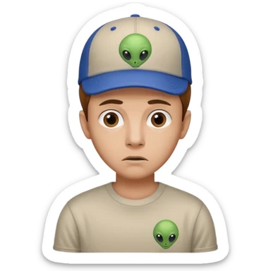 trust no one Mulder from the x-files looking very very worried wearing a t-shirt and a baseball cap with a picture of an alien sticker