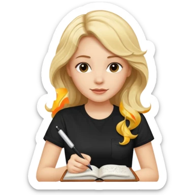 a beautiful blonde with long wavy hair-in-a-black-t shirt-a writes in a diary with a pen sticker