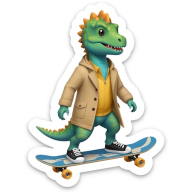 a dinosaur on a skateboard wearing a coat with sneakers in the bottom a cute pokie hairball on the top sticker