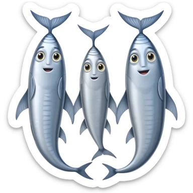 two whole sardines side by side, silvery skin, blue-gray, fine scales, slim elongated bodies, pointed heads, visible eyes, curved tails, soft lighting, emoji scale sticker