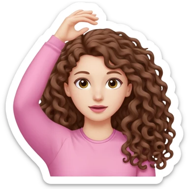 pale white girl with long brown curly hair stretching pink sticker