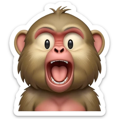 Cinematic Realistic Cute Yawning Baboon Portrait Emoji, Head tilted slightly with a dramatic, wide-open yawn, showcasing a soft, textured face with gently drooping features and half-closed, drowsy eyes, rendered with lifelike natural detail and warm shadows, high shine, relaxed yet expressive, styled with a dash of wild charm, soft glowing outline, capturing the essence of a sleepy yet affectionate baboon that appears ready to stretch out for a hearty nap! sticker