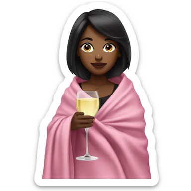 a girl with light skin and black hair and a glass of white wine wrapped in a pink blanket sticker