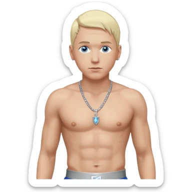 Eminem with blonde hair, shirtless with necklace, metallic silver pants, blue eyes sticker