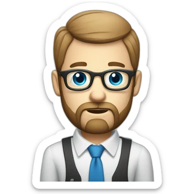 troubled business analyst on a call bald with beard with blue eyes and glasses with a phone sticker