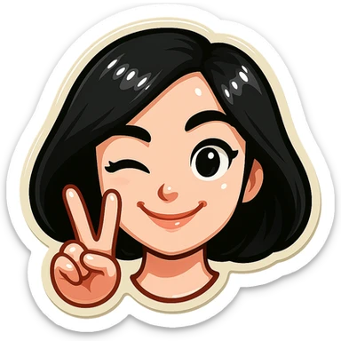 Add a beautiful manicure on the fingers showing the V (peace) sign. Keep the white skin, cute and beautiful appearance. Style is classic Telegram stickers with neat facial features, resembling Samsung Sam but with head only (no neck). The girl is smiling and winking (one eye open, one eye closed). Clean, bright, cartoon style suitable for a Telegram bot profile. White background. sticker