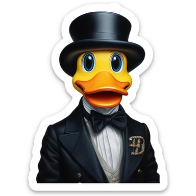 Uncle Scrooge Rubberduck in Dior Gucci Hermes, oil paint, mysterious eyes, intricate lips, masterpiece portrait , odd perspective, beautiful, desirable, logical sticker