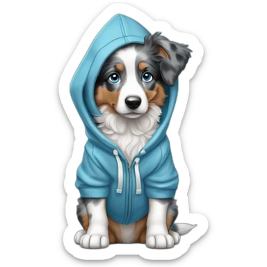 a 6 month old puppy, miniature American shepherd breed, blue merle color, with blue eyes, wearing a blue hooded sweatshirt and a surfboard under his arm sticker