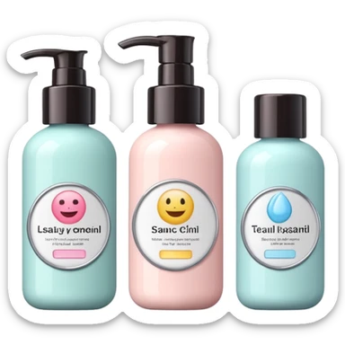 emoji of three different beauty products, with labels, minimalistic but luxury design (realistic), pastel colors sticker