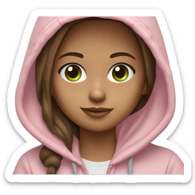 a girl with brown long hair, fair skin, green eyes, is working relaxed at a modern laptop in a monochrome pale pink zip hoodie with a hood and a pink monochrome T-shirt sticker