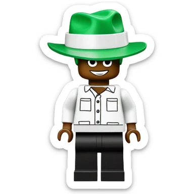 White shirt and black pants Lego man with a green classic Lego cap  sticker