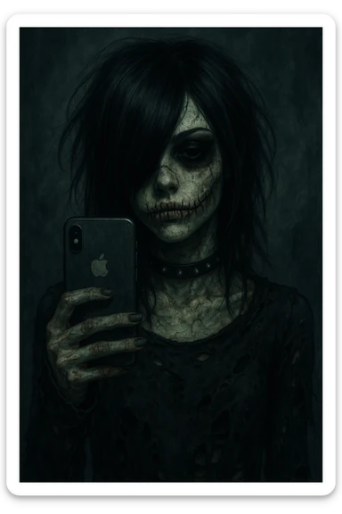 emo girl zombie, black hair covering one eye, stitched mouth, dark makeup, tattered clothes, holding an iPhone sticker