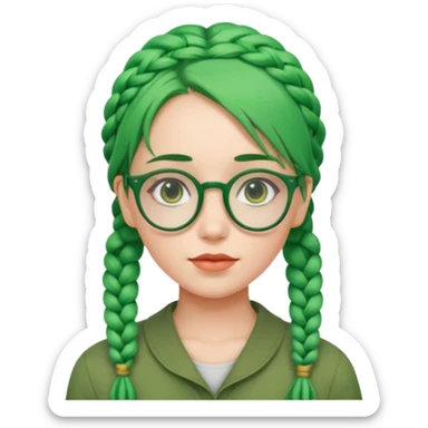 woman with green hairs, braids and  rectangle spectacle, big visible braids and unique face shape, rectangle spectacles sticker