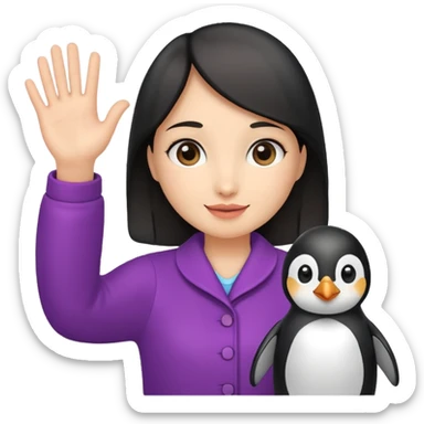 Girl waving hello while holding a penguin sticker