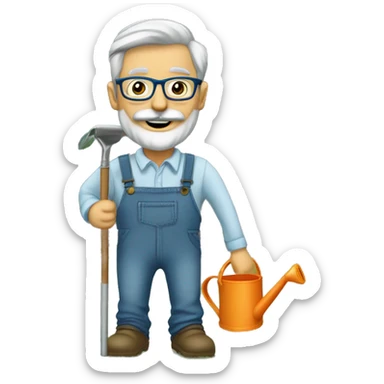 I want a cartoon graphic for a man, with a belly, square face, grey hair, grey thin beard, thin mustache, rectangular eyeglasses, moutg opened, wearing blue jeans, watering the soil with a watering can, outdoor, a glass building behind. sticker