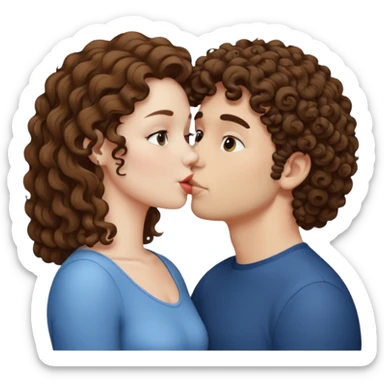 A couple kissing, the man would be white-skinned, short-curly, brown-haired. The serious woman with white skin, long hair and brown color sticker