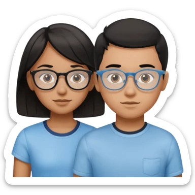 a light brown girl with black medium hair, clear glasses, wearing a light blue top, and a light blue boy next to her sticker
