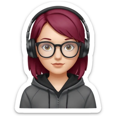 white girl with burgundy hair, gray squared-glasses, black deportive hoodie and black headphones sticker