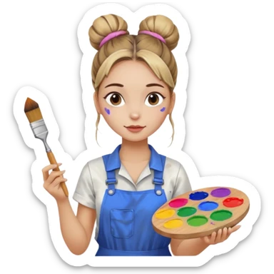 beautiful girl with a bun on her head in a jumpsuit with paint stains, holding a palette and a brush in her hands sticker