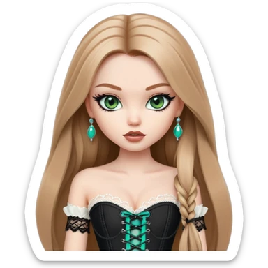 pretty bratz girl, long straight light brown hair, jade green eyes, black eyeliner, pale skin, black corset clothes with laces sticker